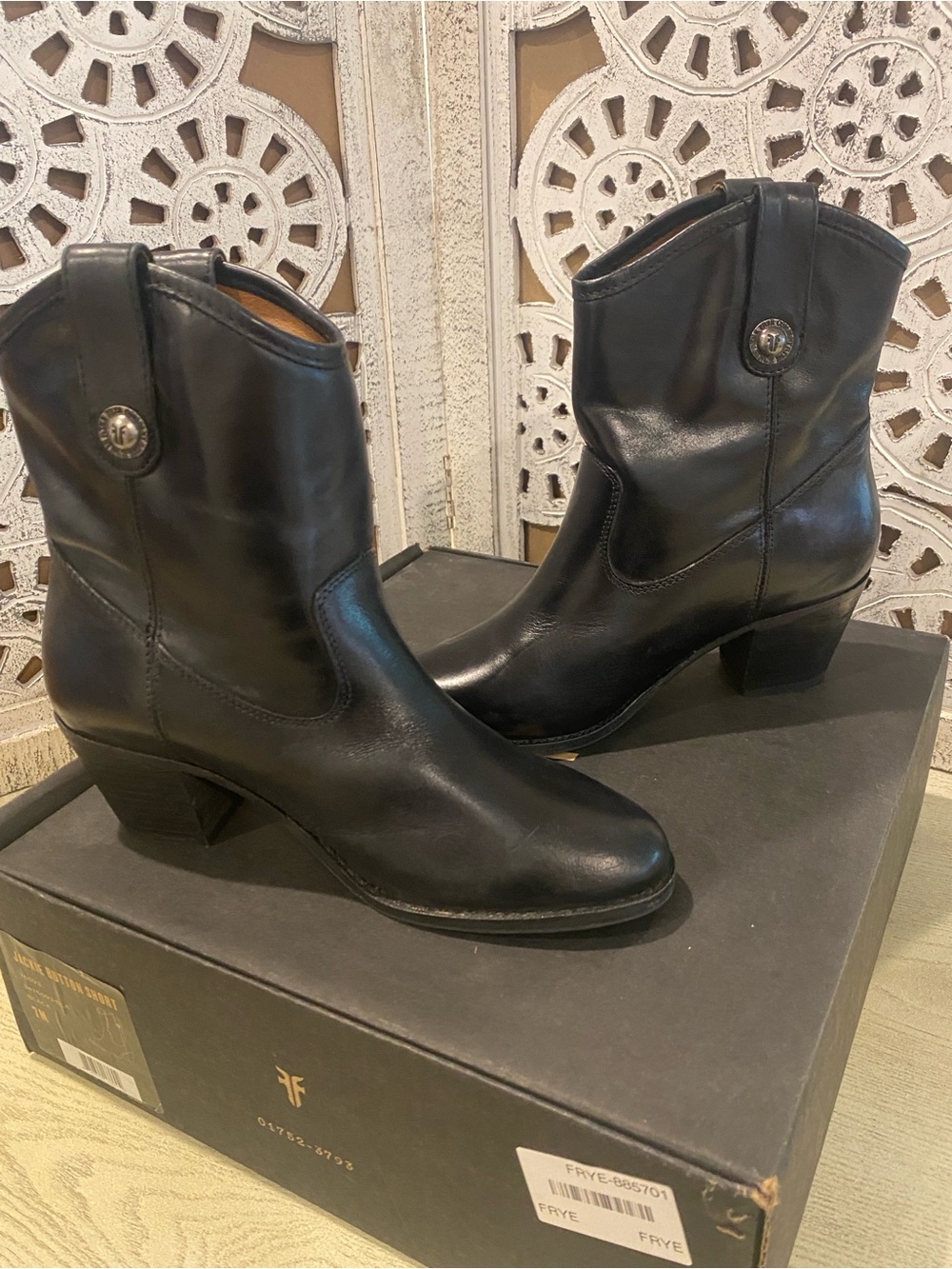 7B Frye Black Leather Ankle Boots with Tan Interior
